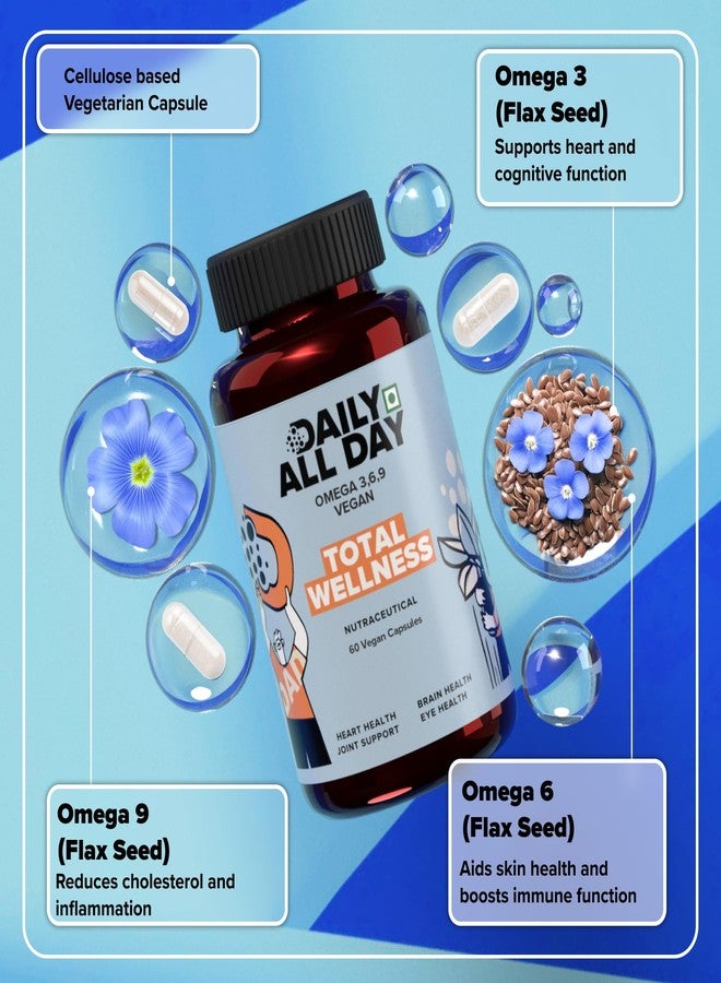 Daily All Day Omega 3 6 9 Vegetarian Capsule supplement, 1000mg, Fatty Acid, Vegan Flaxseed oil, Heart Health, Brain, hair and skin, Joint Pain & Eyes, EPA DHA Herbal for Men Women - Image 3