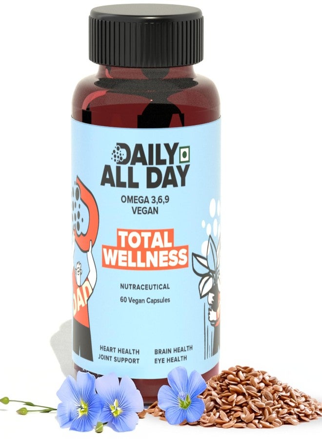 Daily All Day Omega 3 6 9 Vegetarian Capsule supplement, 1000mg, Fatty Acid, Vegan Flaxseed oil, Heart Health, Brain, hair and skin, Joint Pain & Eyes, EPA DHA Herbal for Men Women - Image 1