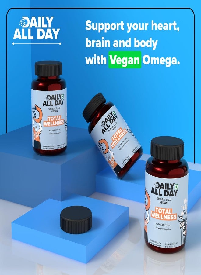 Daily All Day Omega 3 6 9 Vegetarian Capsule supplement, 1000mg, Fatty Acid, Vegan Flaxseed oil, Heart Health, Brain, hair and skin, Joint Pain & Eyes, EPA DHA Herbal for Men Women - Image 2