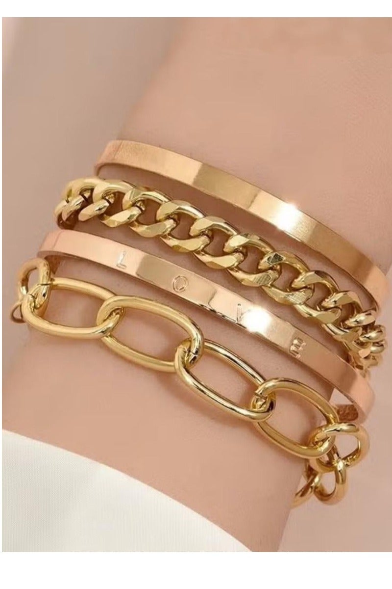 4 قطع من أساور الحروف التفصيلية، أساور أنيقة، أساور لليد، مجوهرات، إكسسوارات رائعة، هدية للنساء والفتيات، أساور سلسلة مسطحة سميكة قابلة للتعديل، مجوهرات - Image 1