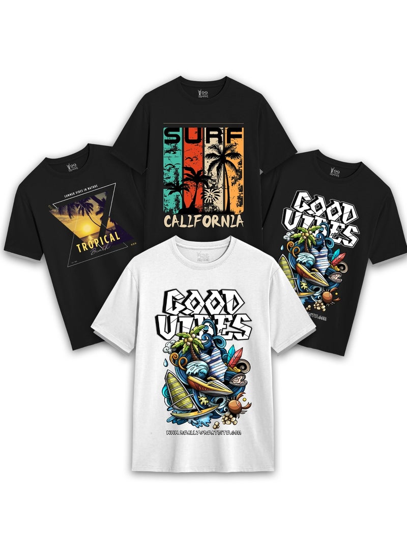 Yoo Street Yoo Street Good Vibes Surf Tropical T-Shirts – Pack of 4 – Summer Energy in Every Stitch  - Image 1