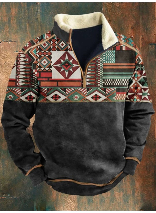 general HOTYD Men's 1/4 Zip Fleece Stand Collar Sweatshirt Aztec Pattern Oversized Long Sleeve Pullover Hoodie - Image 1
