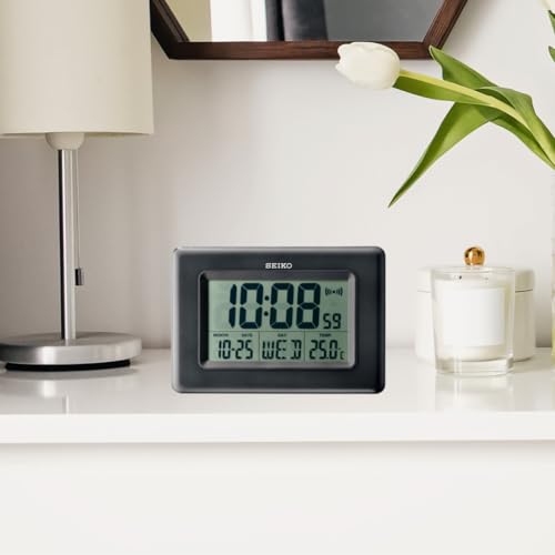 Seiko Elegant Rectangular Black Plastic Digital Alarm Table Clock with Calendar, Hygrometer and Thermometer (Size: 25 x 2.7 x 17 CM | Weight: 480 gram | Color: Black) - Image 2