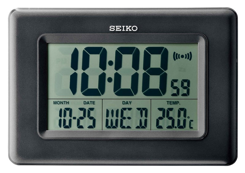 Seiko Elegant Rectangular Black Plastic Digital Alarm Table Clock with Calendar, Hygrometer and Thermometer (Size: 25 x 2.7 x 17 CM | Weight: 480 gram | Color: Black) - Image 1
