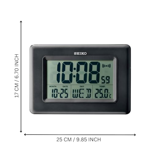 Seiko Elegant Rectangular Black Plastic Digital Alarm Table Clock with Calendar, Hygrometer and Thermometer (Size: 25 x 2.7 x 17 CM | Weight: 480 gram | Color: Black) - Image 3