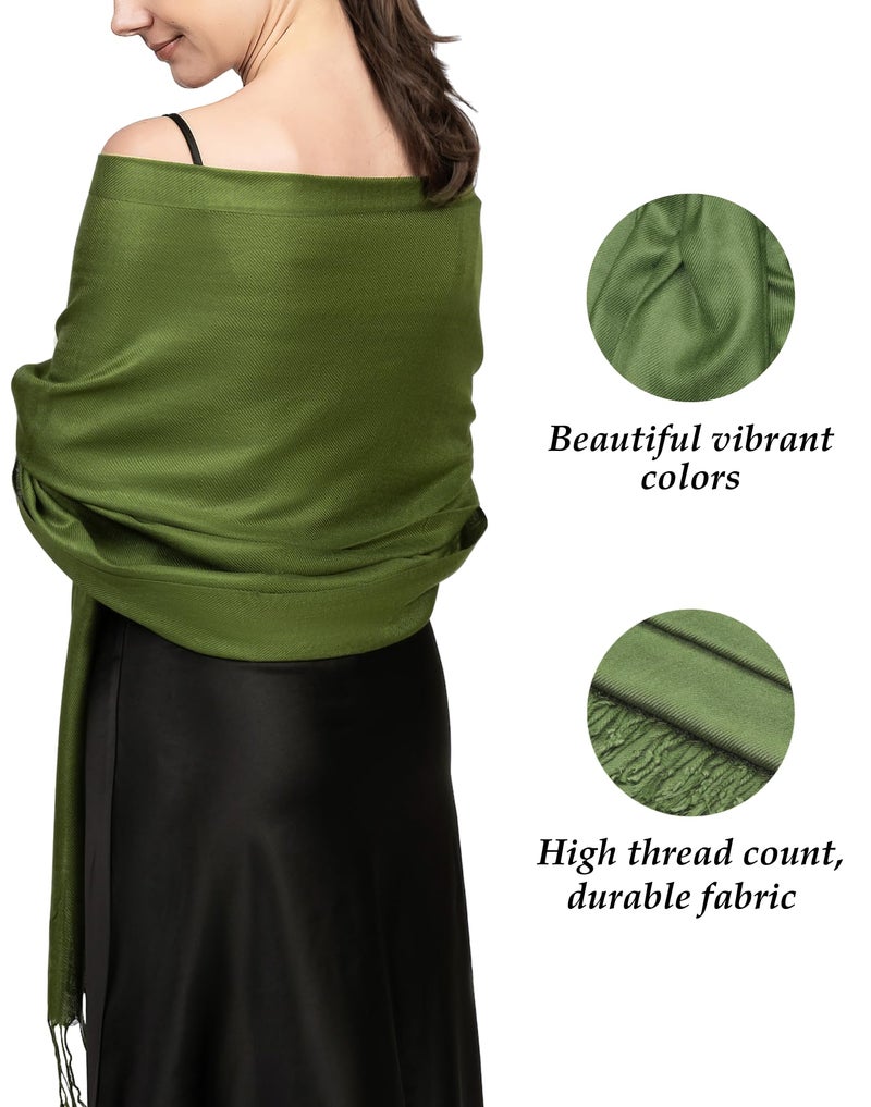 Achillea Soft Silky Pashmina Scarf for Women - Shawl Wrap for Evening Dresses, Bridesmaids, Weddings & Everyday Wear (Olive Green) - Image 2