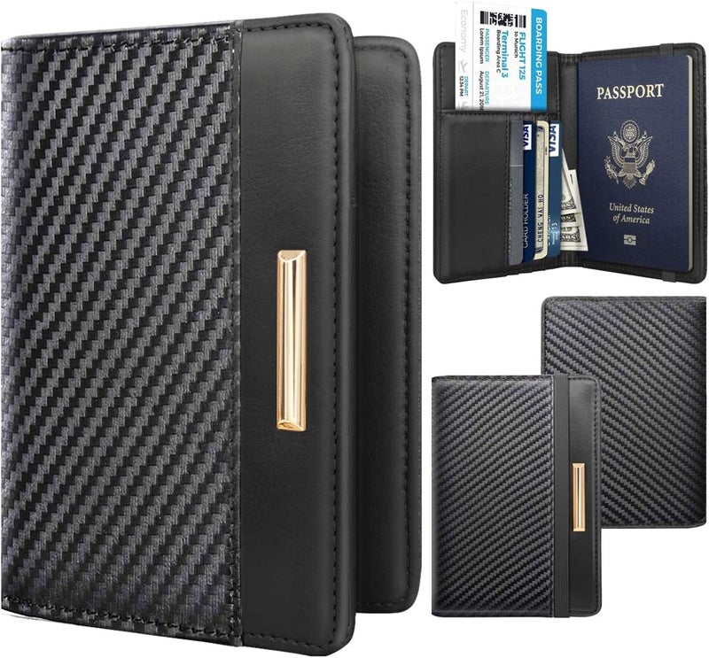 Coco Rossi Foldable Passport Holder Cover RFID Blocking Slim Minimalism Travel Wallet Carbon Fibre Card Organizer,Black Temp & permanent project compatible - Image 2