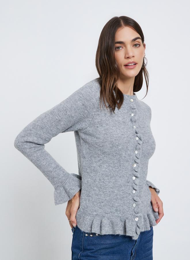 Styli Grey Regular Fit Ruffle Trim Knit Cardigan - Image 3