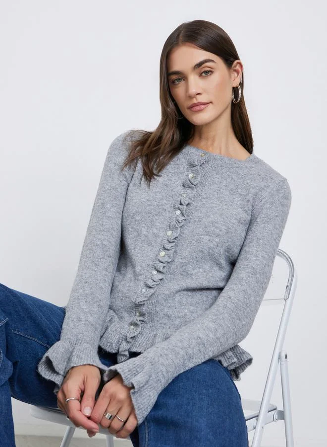 Styli Grey Regular Fit Ruffle Trim Knit Cardigan