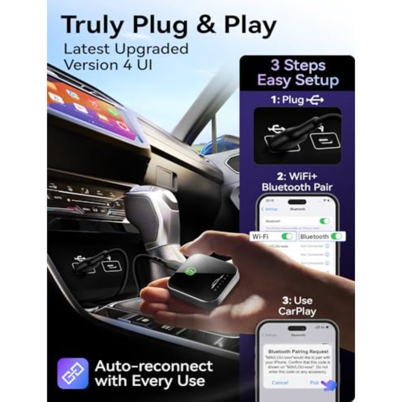 محول Carplay اللاسلكي، أحدث ترقية Carplay Dongle، إطار معدني، لوحة زجاجية، تحويل سلكي إلى تشغيل سيارة لاسلكي، توصيل وتشغيل ترقية OTA، لهاتف iPhone iOS 10+ والسيارات مع CarPlay السلكية - Image 2