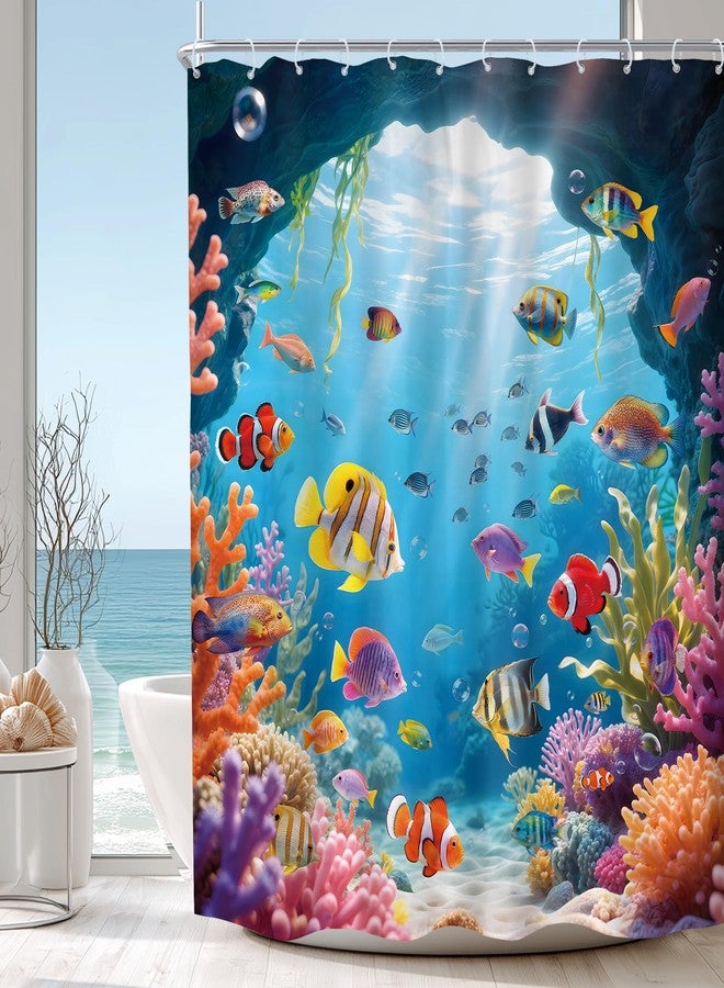 MESHELLY Ocean Fish Shower Curtain 72Wx72H Colorful Cute Tropical Summer Underwater World Sealife Sea Coral Modern Bathroom Curtain Hawaii Kids Bath Curtain Bathroom Accessories Decor with 12 Hook - Image 1