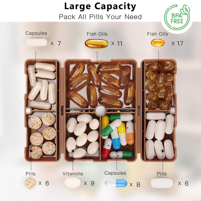 FYY Daily Pill Organizer,2 Pcs 7 Compartments Portable Pill Case Travel Pill Organizer,[Folding Design] Pill Box for Purse Pocket to Hold Vitamins,Cod Liver Oil,Supplements and Medication-Brown - Image 2