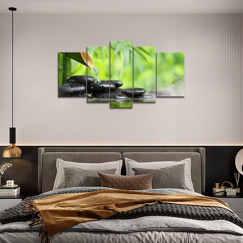 Home Trove 5 Panel Wall Art Green Spa Still Life With Bamboo Fountain And Zen Stone In Water Painting The Picture Print On Canvas Botanical Pictures For Home Decor Decoration Gift Piece - Image 4