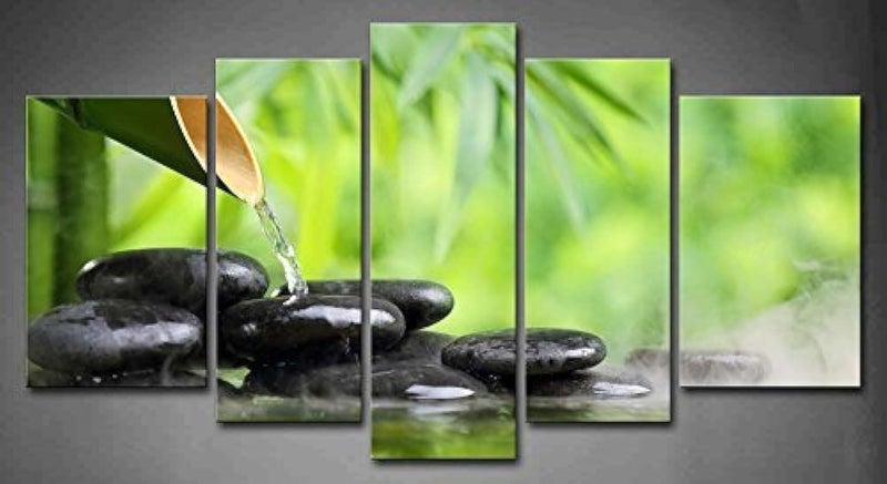 Home Trove 5 Panel Wall Art Green Spa Still Life With Bamboo Fountain And Zen Stone In Water Painting The Picture Print On Canvas Botanical Pictures For Home Decor Decoration Gift Piece - Image 1
