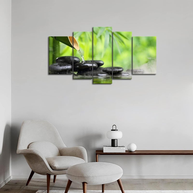 Home Trove 5 Panel Wall Art Green Spa Still Life With Bamboo Fountain And Zen Stone In Water Painting The Picture Print On Canvas Botanical Pictures For Home Decor Decoration Gift Piece - Image 5
