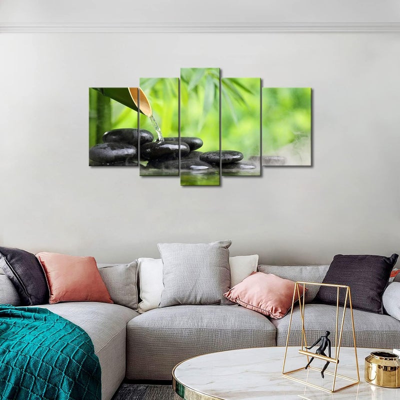Home Trove 5 Panel Wall Art Green Spa Still Life With Bamboo Fountain And Zen Stone In Water Painting The Picture Print On Canvas Botanical Pictures For Home Decor Decoration Gift Piece - Image 3