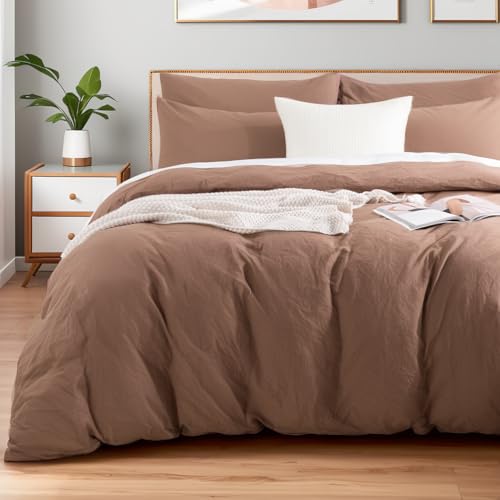 NEXHOME PRO Duvet Cover Set 100% Washed Cotton California King 104"x98", Organic Natural Linen Look Textured 3 Pieces Bedding Set Mocha Brown with Zipper Closure,Soft(No Comforter) - Image 1