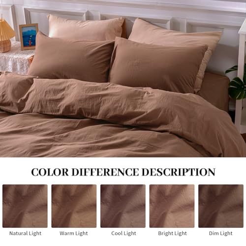 NEXHOME PRO Duvet Cover Set 100% Washed Cotton California King 104"x98", Organic Natural Linen Look Textured 3 Pieces Bedding Set Mocha Brown with Zipper Closure,Soft(No Comforter) - Image 3
