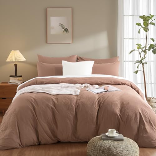 NEXHOME PRO Duvet Cover Set 100% Washed Cotton California King 104"x98", Organic Natural Linen Look Textured 3 Pieces Bedding Set Mocha Brown with Zipper Closure,Soft(No Comforter) - Image 2