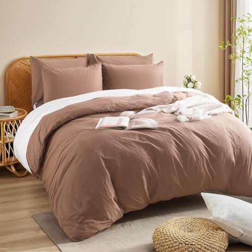 NEXHOME PRO Duvet Cover Set 100% Washed Cotton California King 104"x98", Organic Natural Linen Look Textured 3 Pieces Bedding Set Mocha Brown with Zipper Closure,Soft(No Comforter) - Image 4
