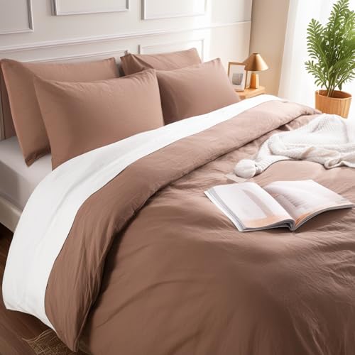 NEXHOME PRO Duvet Cover Set 100% Washed Cotton California King 104"x98", Organic Natural Linen Look Textured 3 Pieces Bedding Set Mocha Brown with Zipper Closure,Soft(No Comforter) - Image 5