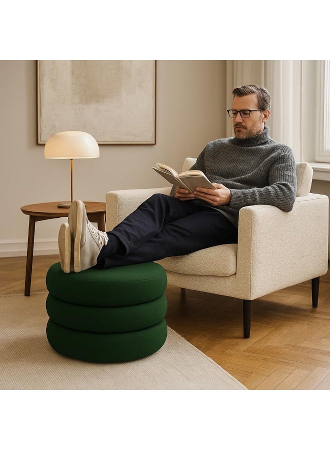 Round Pouf  Panda Fabric, Natural Counter Wood Structure – Modern Design with Wooden Legs - (Green) - Image 4