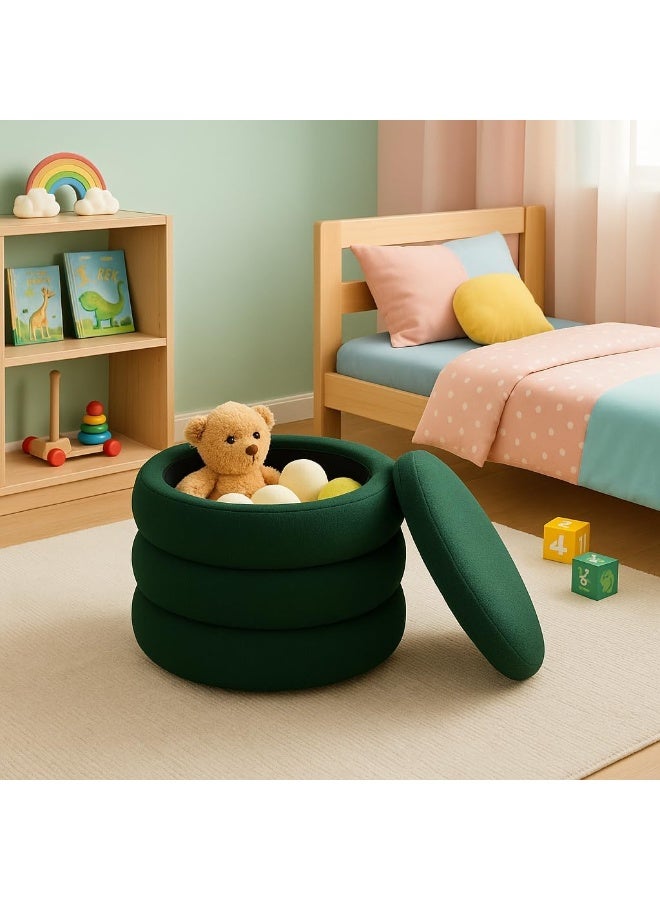 Round Pouf  Panda Fabric, Natural Counter Wood Structure – Modern Design with Wooden Legs - (Green) - Image 3
