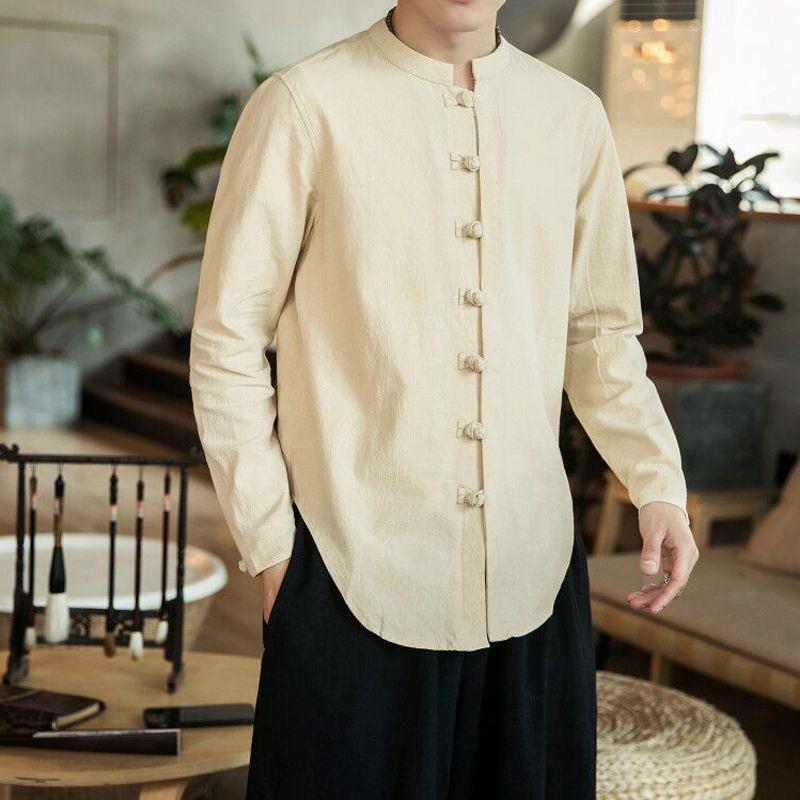 Autumn Mens Clothing Retro Style Chinese Style Cotton and Linen Chinese Style Hanfu Tang Coat Cardigan Loose Casual Long-sleeved Shirt Beige 