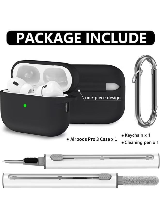 غطاء حماية من السيليكون الناعم لسماعات AirPods Pro 3 2025 مع طقم تنظيف وسلسلة مفاتيح (أسود) - Image 4