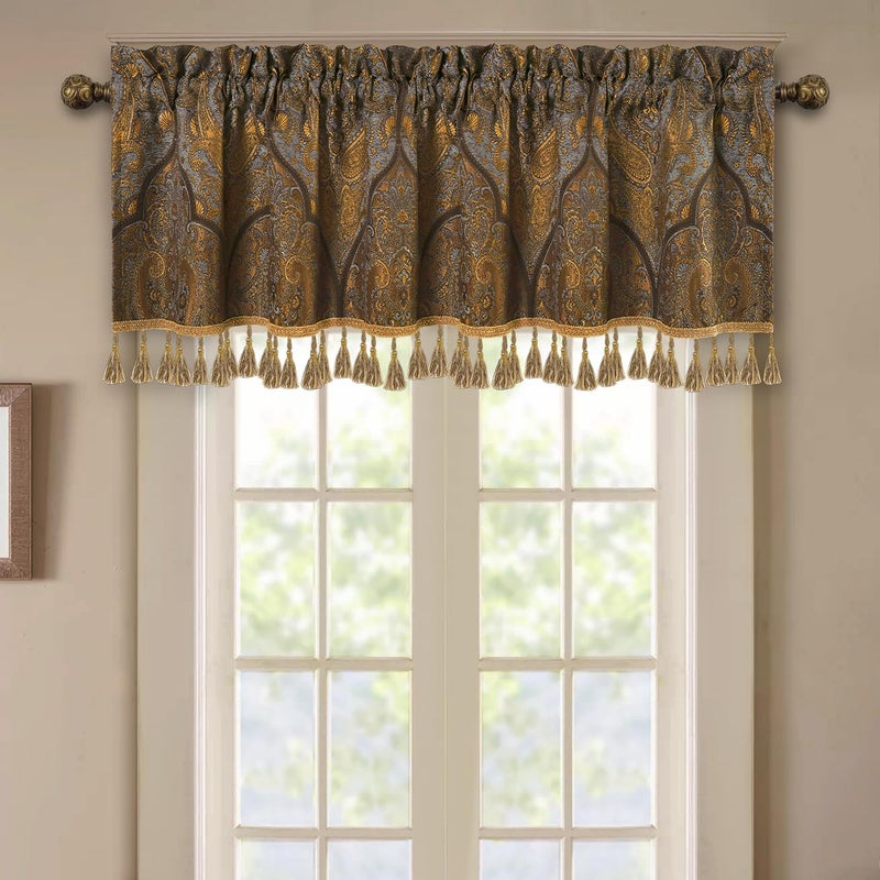 Loom and Mill Luxury Jacquard Valances for Bedroom Kitchen Classic Bronze Gold Antique Living Room Window Curtain Valance with Tassels Rod Pocket Blackout Short Curtain 1 Panel 54 x 18