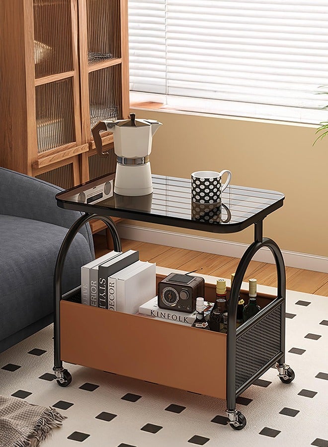 XiuWoo Rolling End Table Side Table with 4 Wheels, Coffee Table for Small Spaces, Bedside Table with Double Shelf Design, Leather Basket, Space-saving, for Living Room Bedroom Balcony Patio and Office,Black+Black Glass - Image 1