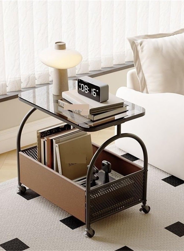 XiuWoo Rolling End Table Side Table with 4 Wheels, Coffee Table for Small Spaces, Bedside Table with Double Shelf Design, Leather Basket, Space-saving, for Living Room Bedroom Balcony Patio and Office,Black+Black Glass - Image 3