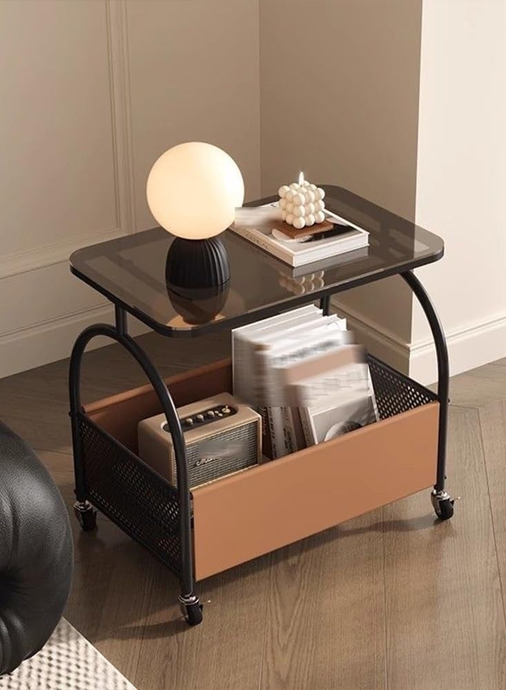 XiuWoo Rolling End Table Side Table with 4 Wheels, Coffee Table for Small Spaces, Bedside Table with Double Shelf Design, Leather Basket, Space-saving, for Living Room Bedroom Balcony Patio and Office,Black+Black Glass - Image 2