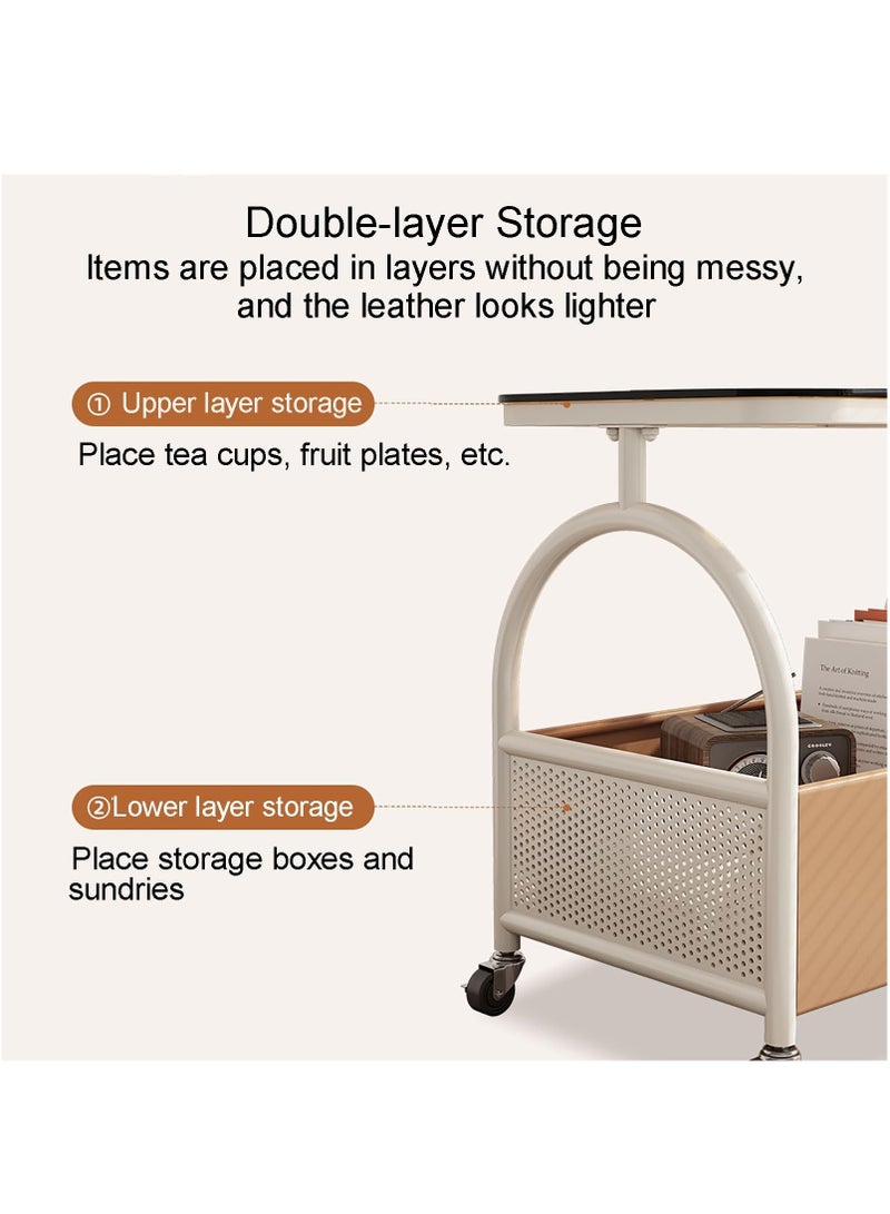 XiuWoo Rolling End Table Side Table with 4 Wheels, Coffee Table for Small Spaces, Bedside Table with Double Shelf Design, Leather Basket, Space-saving, for Living Room Bedroom Balcony Patio and Office,Black+Black Glass - Image 5