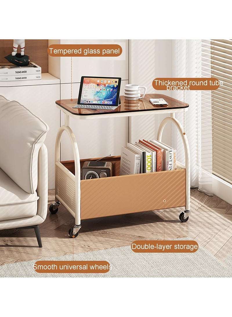 XiuWoo Rolling End Table Side Table with 4 Wheels, Coffee Table for Small Spaces, Bedside Table with Double Shelf Design, Leather Basket, Space-saving, for Living Room Bedroom Balcony Patio and Office,Black+Black Glass - Image 4