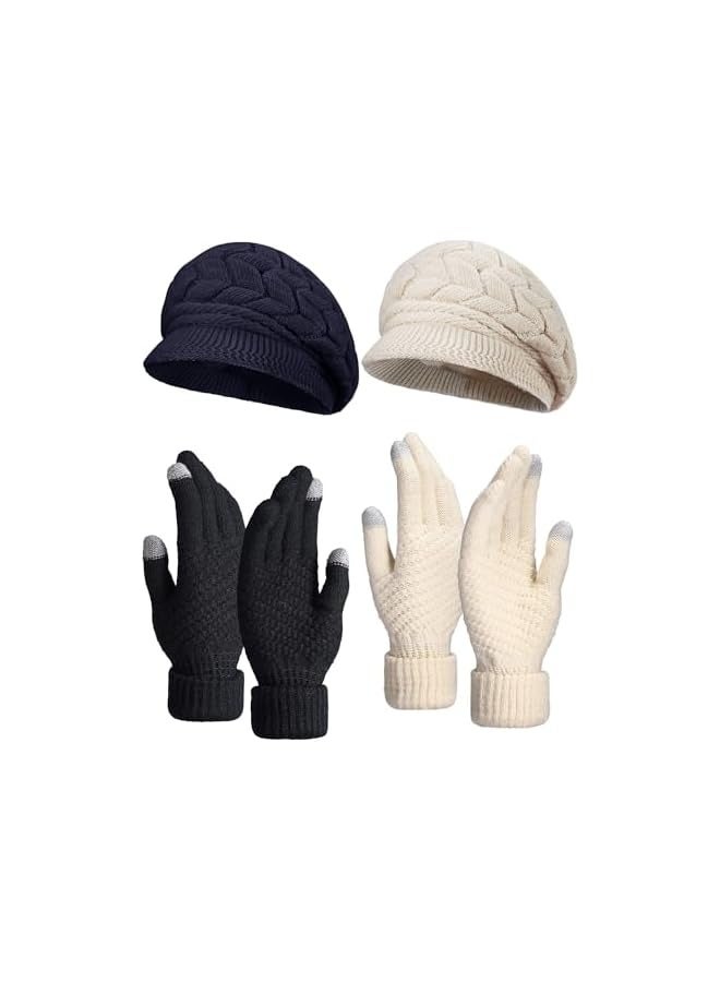 PROMASS Winter Beanie Hat Touchscreen Gloves Set, 4 Pieces Warm Knitted Beanie Hat Glove Snow Ski Skull Cap with Visor and Touchscreen GloveWinter Beanie Hat Touchscreen Gloves Set, 4 Pieces Warm Knitted Beanie Hat Glove Snow Ski Skull Cap with Visor and Touchscreen Glove - Image 1