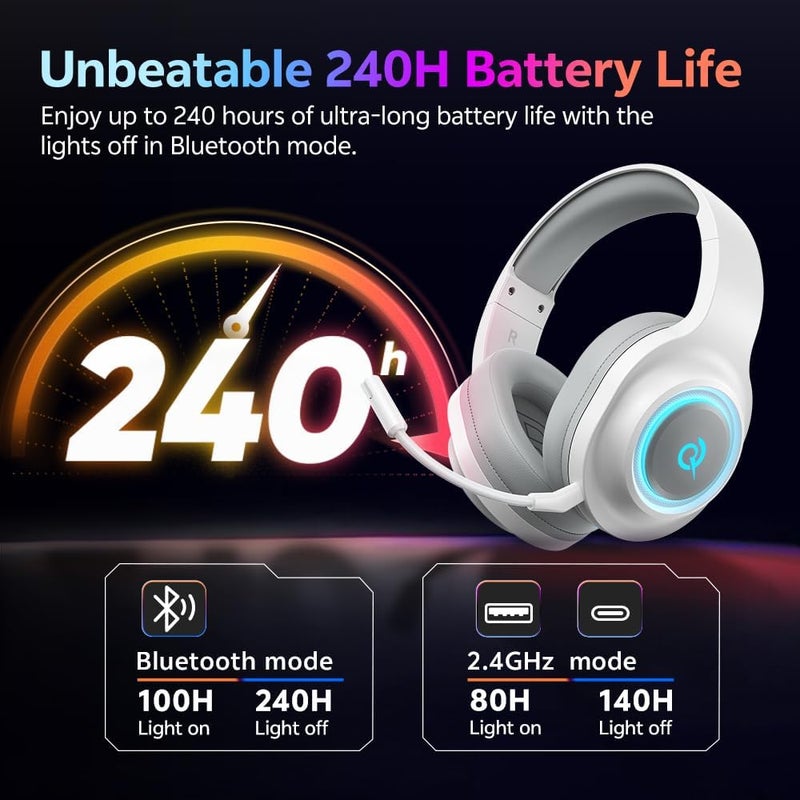 QCY V200 Gaming Headset, 2.4GHz Wireless Gaming Headphones with Detachable Noise Canceling Mic, 7.1 Surround Sound, 240H Battery, Comfortable Cushions, USB-C, Bluetooth 6.0 for PC, PS5, PS4, Switch - Image 4