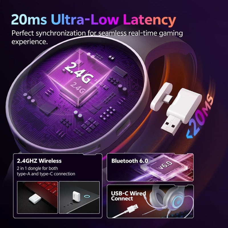 QCY V200 Gaming Headset, 2.4GHz Wireless Gaming Headphones with Detachable Noise Canceling Mic, 7.1 Surround Sound, 240H Battery, Comfortable Cushions, USB-C, Bluetooth 6.0 for PC, PS5, PS4, Switch - Image 3