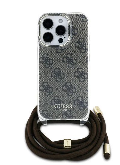 GUESS iPhone 16 Pro Max 4G Hard Case With Cross Body Cord / Easy Snap-on Cover / Lanyard for Drop Protection / Lightweight Case - Brown