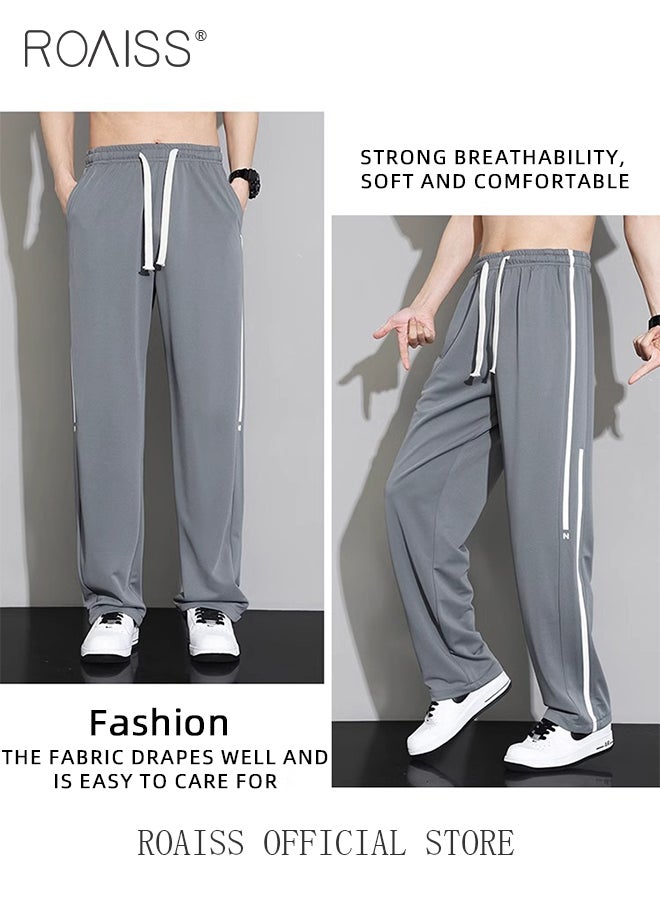 roaiss - Drawstring Sports Pants for Men with Weave Belt and Waist Side Striped Fashionable Casual Simple All Match Trousers Cool to Touch Mens Loose Fit and Breathable Wide Leg Pants - Image 1