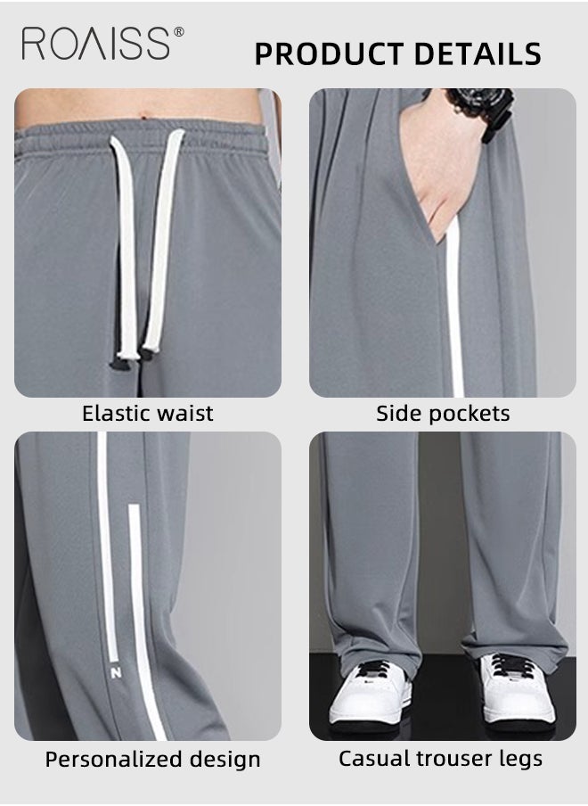 roaiss - Drawstring Sports Pants for Men with Weave Belt and Waist Side Striped Fashionable Casual Simple All Match Trousers Cool to Touch Mens Loose Fit and Breathable Wide Leg Pants - Image 1