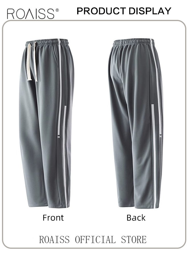 roaiss - Drawstring Sports Pants for Men with Weave Belt and Waist Side Striped Fashionable Casual Simple All Match Trousers Cool to Touch Mens Loose Fit and Breathable Wide Leg Pants - Image 1