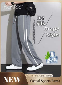 Drawstring Sports Pants for Men with Weave Belt and Waist Side Striped Fashionable Casual Simple All Match Trousers Cool to Touch Mens Loose Fit and Breathable Wide Leg Pants