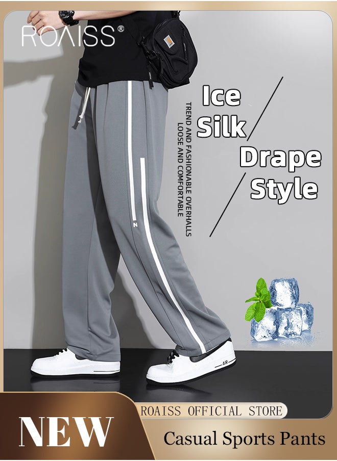 roaiss - Drawstring Sports Pants for Men with Weave Belt and Waist Side Striped Fashionable Casual Simple All Match Trousers Cool to Touch Mens Loose Fit and Breathable Wide Leg Pants - Image 1