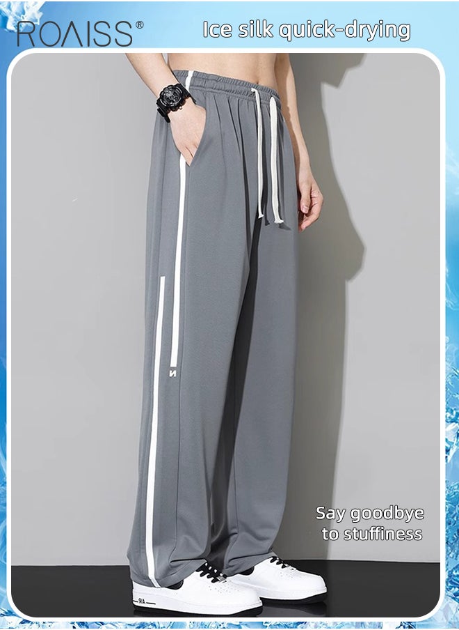 roaiss - Drawstring Sports Pants for Men with Weave Belt and Waist Side Striped Fashionable Casual Simple All Match Trousers Cool to Touch Mens Loose Fit and Breathable Wide Leg Pants - Image 1