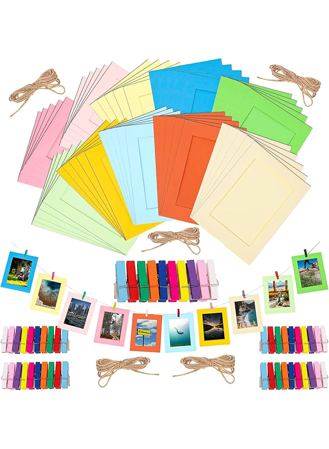 The Bros 105Pcs 7 Inch 10 Colors Paper Picture Frames Kit with Wooden Clips and String, Cardboard Picture Frames DIY Cardboard Photo Hanging Display Paper Photo Frame Cards Gallery Frames - Image 1