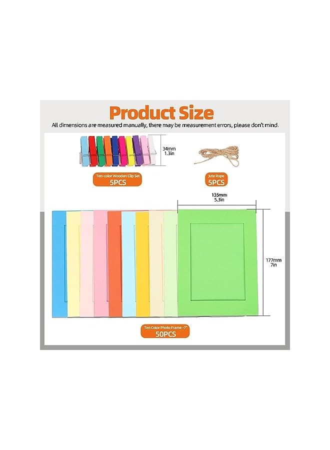 The Bros 105Pcs 7 Inch 10 Colors Paper Picture Frames Kit with Wooden Clips and String, Cardboard Picture Frames DIY Cardboard Photo Hanging Display Paper Photo Frame Cards Gallery Frames - Image 2
