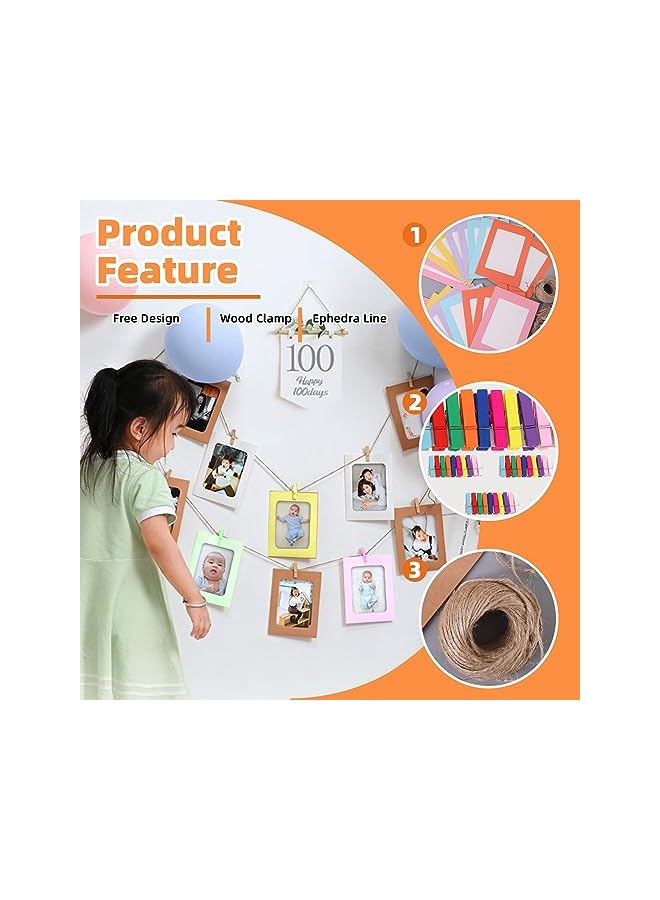 The Bros 105Pcs 7 Inch 10 Colors Paper Picture Frames Kit with Wooden Clips and String, Cardboard Picture Frames DIY Cardboard Photo Hanging Display Paper Photo Frame Cards Gallery Frames - Image 4