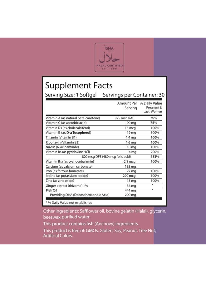 Noor Vitamins Halal Prenatal Vitamins with DHA and Folic Acid, Essential Vitamins, Ginger to Soothe Mom's Stomach, Iron, Softgels, Prenatal Vitamin Before/During/Post Pregnancy (1 Month Supply) - Image 3