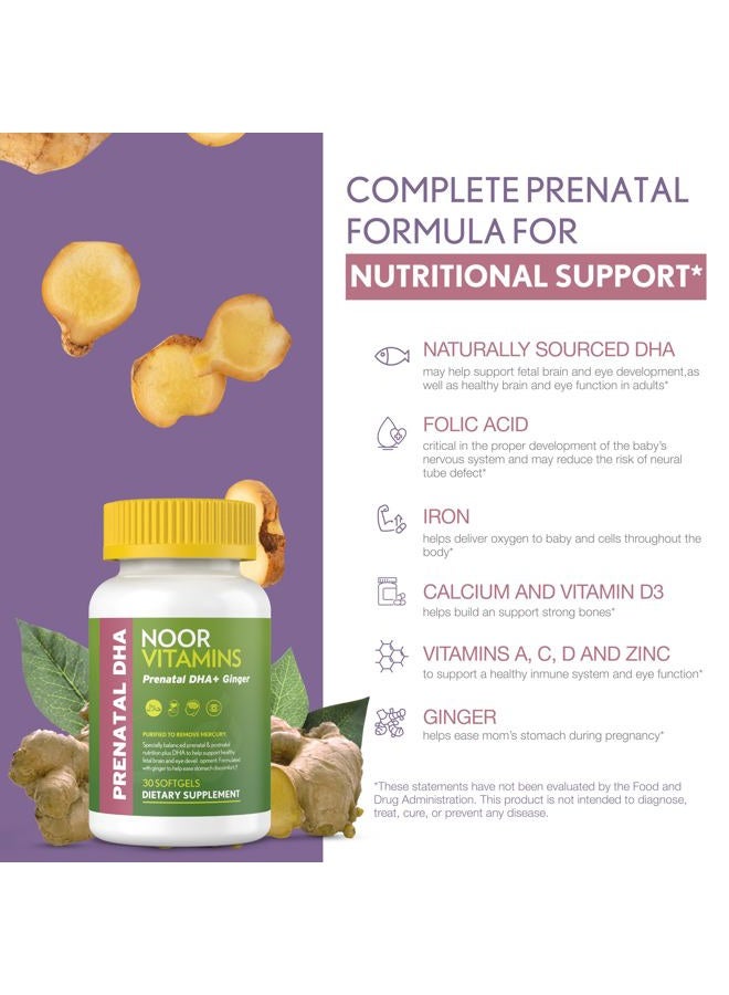 Noor Vitamins Halal Prenatal Vitamins with DHA and Folic Acid, Essential Vitamins, Ginger to Soothe Mom's Stomach, Iron, Softgels, Prenatal Vitamin Before/During/Post Pregnancy (1 Month Supply) - Image 4